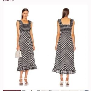 GANNI Smocked Check Midi Dress Black White Size 34 EU / US 2